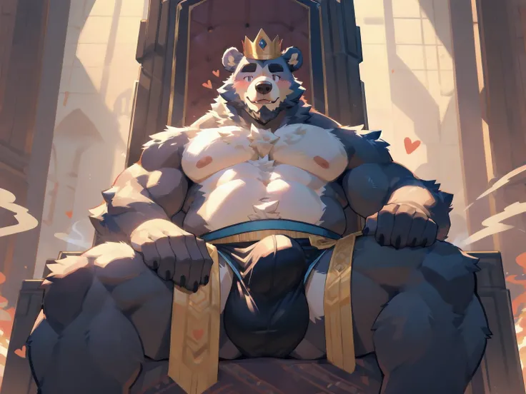 Solo, male, king sitting on throne, throne room background, bulge, by bigcozyorca, by goonie-san, by bebebebebe, by spikedmauler, front view, big buff , bear,   fur, bushy tail, buff, wearing crown 👑 and loincloth, steam, panting, blush, hearts, stoic expr...