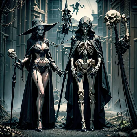 A grim reaper maneuvers a skeleton with strings like a marionette, behind the grim reaper an undead sexy woman on her knees who extends her hand imploringly towards him