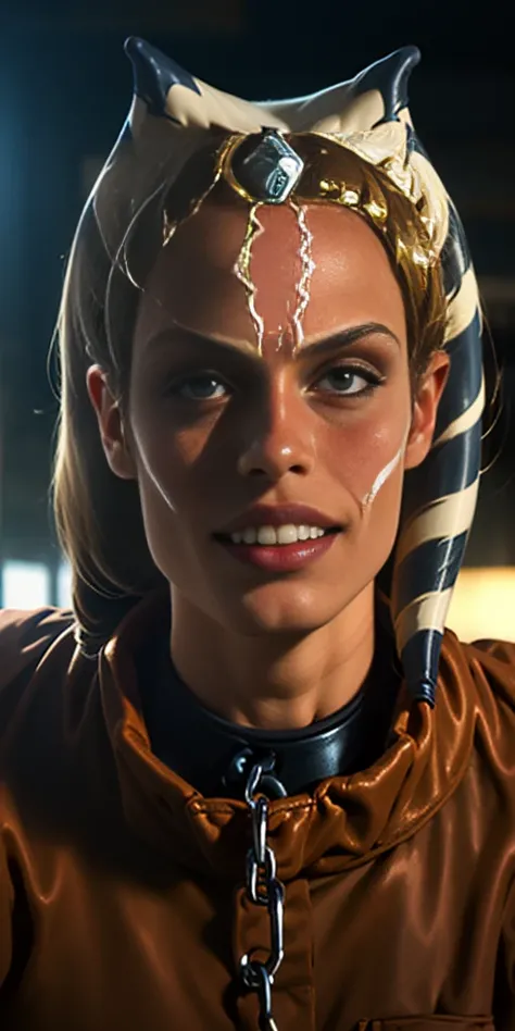 Latex ahsoka lustful smirking smile red blush red cheeks, chain leash, hands behind the head, kneeling, shackles, leather black collar slave, 2 high ponytails , orgasm_face cum