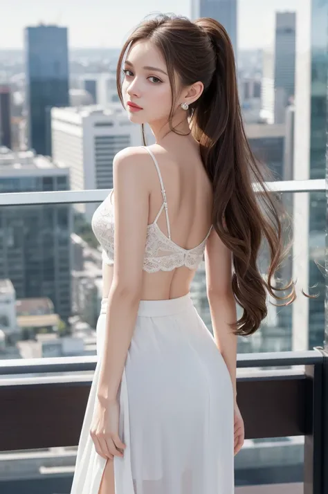 [[[Ultra Detail]]], [[[realistic]]], [[[depth of field]]], full body, back, head tilt, incredibly detailed, longuette, 1 girls, 30 years old, very long hair, curly hair, high ponytail, light brown hair, beatiful detailed hair, Perfect face, Delicate arms a...