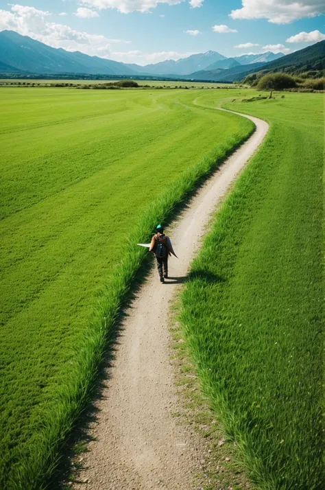 A temacal with wings and a long path with green grass