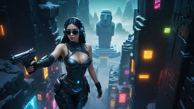 At night, dark sky, distant shot aerial view of fantasy cyberpunk style ice ((Moai-statue)) city in forest, ((flying vehicle)). ((1girl, solo, alone)), medium-breast:1.1 slim body, cleavage, sexy clothes, (headphone, black sunglasses, long black realistic ...