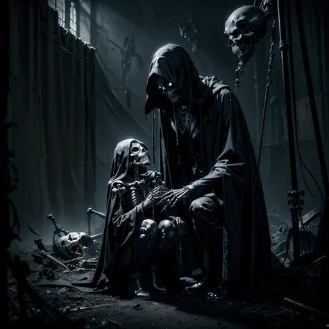 a grim reaper manipulating a skeleton like a marionette, behind the grim reaper an undead seductive woman on her knees reaching out her hand imploringly, dark moody lighting, dramatic, cinematic, chiaroscuro, gothic, horror, 8k, highly detailed, photoreali...