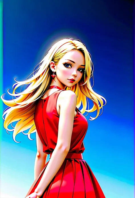 1 girl, fair_skin, ((blue_eyes)), white long hair, wearing a red summer dress, night with stars on the sky, looking at viewer, lower angle, wearing a black choker around her neck, wearing diamond earrings 