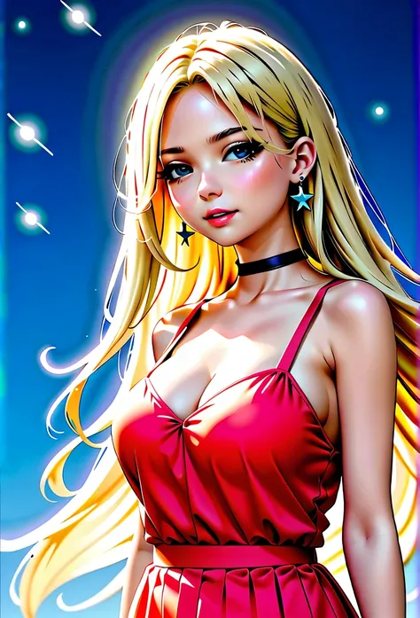 1 girl, fair_skin, ((blue_eyes)), white long hair, wearing a red summer dress, night with stars on the sky, looking at viewer, lower angle, wearing a black choker around her neck, wearing diamond earrings 