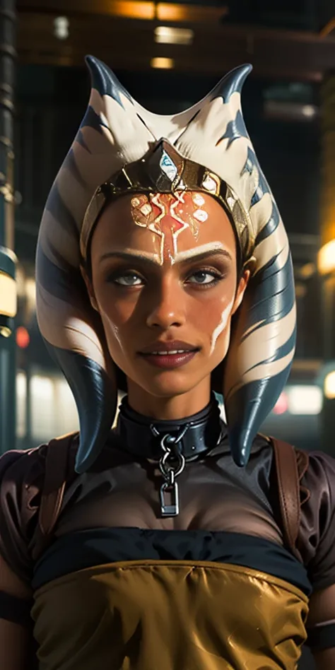 Latex ahsoka lustful smirking smile red blush red cheeks, chain leash, hands behind the head, kneeling, shackles, leather black collar slave, 2 high ponytails , orgasm_face cum