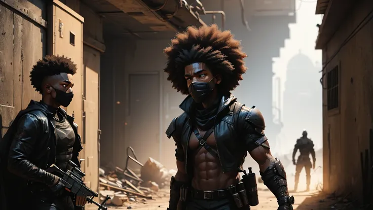  In a gritty post-apocalyptic world, an Afro-American survivor dons a sleek black stealth gear, blending seamlessly into the shadows