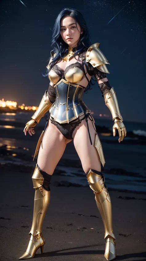 Masterpiece, best quality, awards winning photograph, 1girl, (black lace underwear:1.3), ((armor corset)), (black lace bra:1.3), extremely beautiful, fit body, full makeups, blue eyes, ((full legs armor:1.3)), ((gold legs armor:1.3)), ((full hands armor:1....