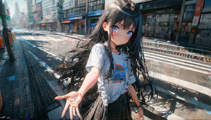 One girl, Black and long straight hair, Sharp Hair, (((Extending his right hand to the viewer))), Facial Contour, Recall, skirt,T-Shirts,skirt, In the city, On the sidewalk, noon, bright, High resolution, Very delicate, Super detailed, 8K