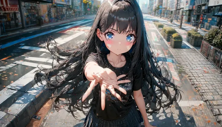 One girl, Black and long straight hair, Sharp Hair, (((Extending his right hand to the viewer))), Facial Contour, Recall, skirt,T-Shirts,skirt, In the city, On the sidewalk, noon, bright, High resolution, Very delicate, Super detailed, 8K