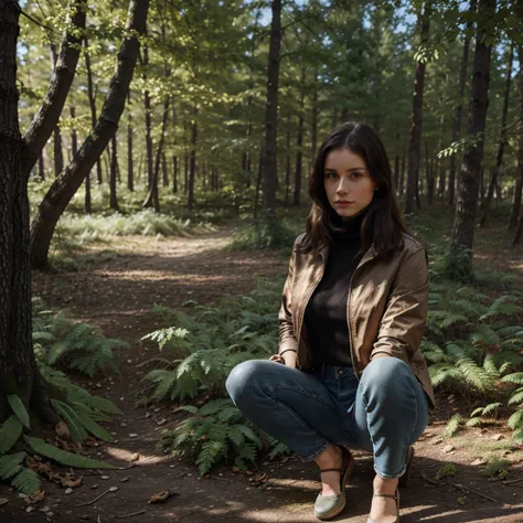 Dasha_taran, colored summer jacket, turtleneck, jean en jean noir, style avant-gardiste, forest a painting of leaves&#39;automne sur le sol, ((yeux parfaits, detailed eyes,Realistic eyes)), ((sharp face, detailed face, realistic face, natural skin, realist...