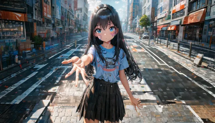 One girl, Black and long straight hair, Sharp Hair, (((Extending his right hand to the viewer))), Facial Contour, Recall, skirt,T-Shirts,skirt, In the city, On the sidewalk, noon, bright, High resolution, Very delicate, Super detailed, 8K