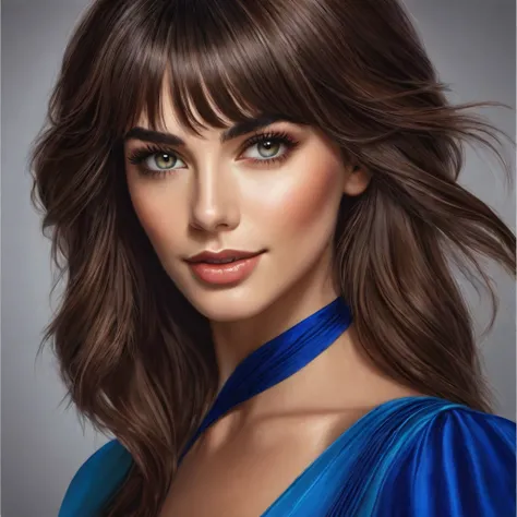 precise portrait, woman with a well-trimmed hairy and shaggy beard, medium-long brown hair with side bangs, hypnotizing brown eyes, blue dancers dress