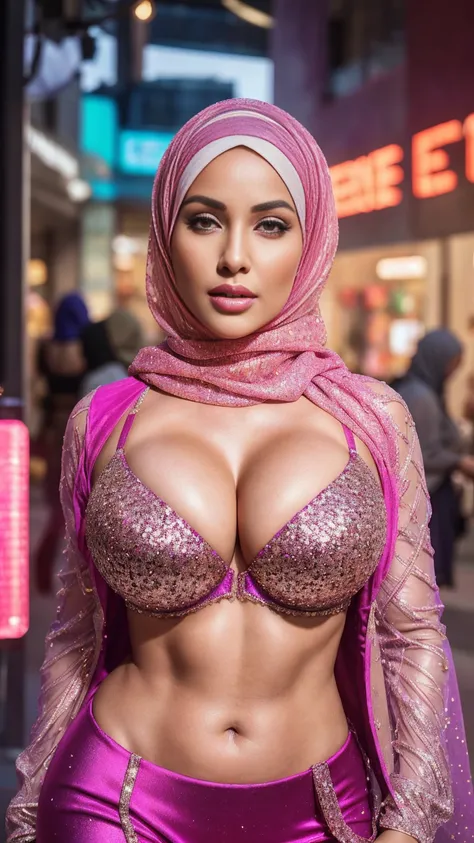 A half body of woman in a bright colourful hijab posing for a perfect loop lighting photoshoot, light colourful bra, lacey, posing in bra, gorgeous woman, cleavage, wavy lingeries, angela white, jaw-dropping beauty, wearing bra, (cinematic realistic Glitte...