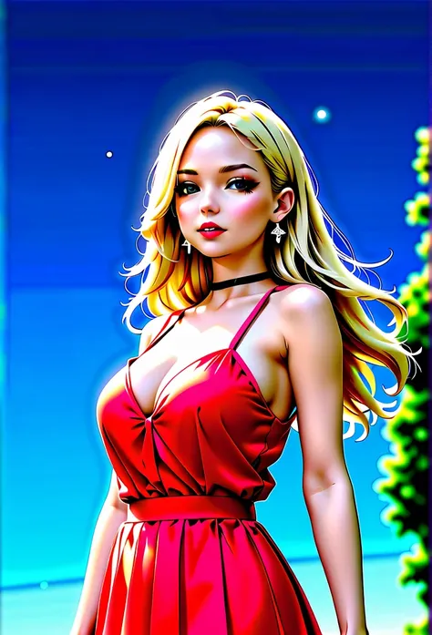 1 girl, fair_skin, ((blue_eyes)), white long hair, wearing a red summer dress, night with stars on the sky, looking at viewer, lower angle, wearing a black choker around her neck, wearing diamond earrings, soft skin, beautiful eyelashes, realistic backgrou...