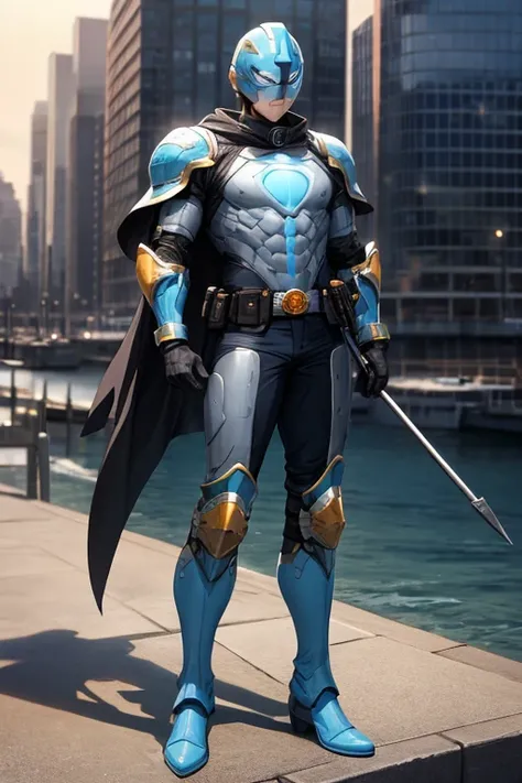 ((best quality)), ((masterpiece)), (detailed), 1 male, full body, 23 years old, masked, light blue construction helmet, smooth head, black collar, tall, thin, black gloves, black chest harness belt, light blue wrist guards, light blue suit resembling light...