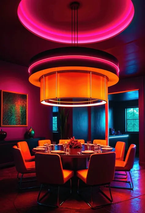 a cylindrical neon dining room, stanley kubrick style, raw art, 16:9 aspect ratio, hyperrealistic, 8k, hdr, dramatic lighting, vivid colors, cinematic composition, futuristic interior, clean modern design, geometric architecture, reflective surfaces, glowi...