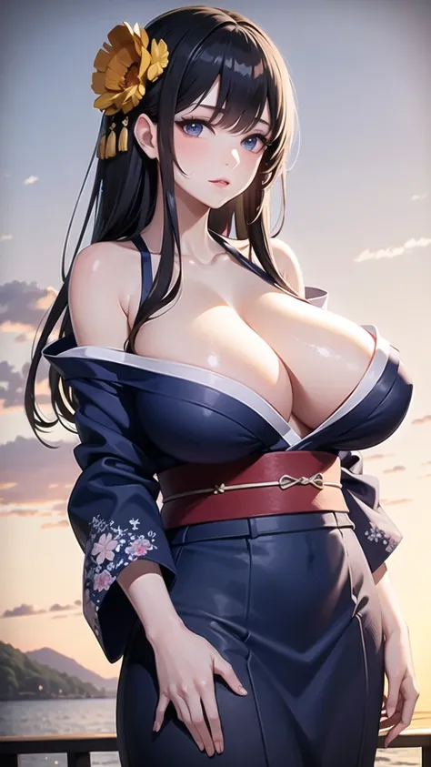 (Huge breasts), (((masterpiece, Highest quality))), pretty girl, ((Highly detailed girl)), yukata, Bare shoulders