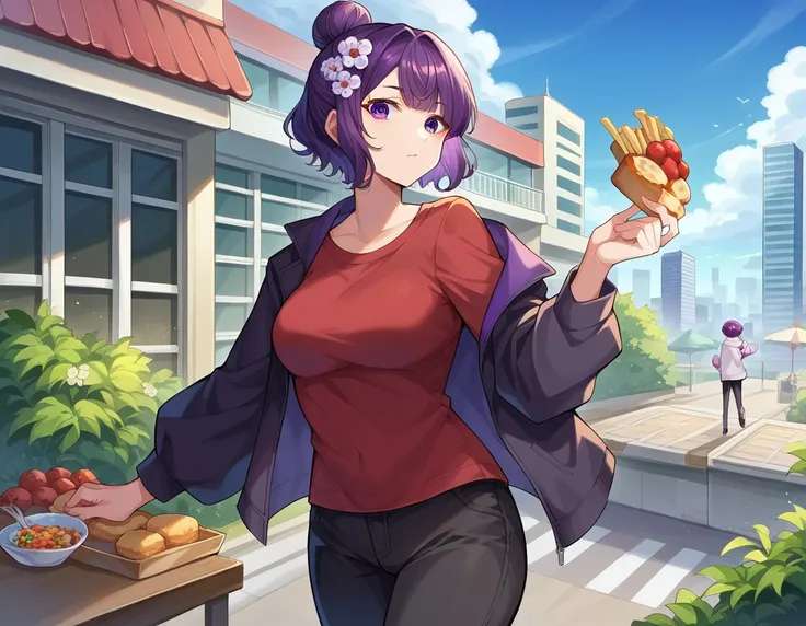 score_9, score_8_superior, score_7_superior, sauce_anime,
katsushikaHokusai, Hokusai, bangs, Purple eyes, Purple Hair, Mature Woman,
short hair, hair ornaments, flower, hair flower, Food, Hair Bun, single Hair Bun, Long sleeve, Jacket, pants, Food, Officia...