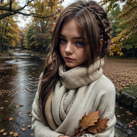  best quality, ultra-detailed, illustration, warm lighting, Soft lighting, Couleurs vives, 1 fille, bare,( belle fille, Longhaire, blue eye, ribbon, brown-hair, Hair between the eyes, hair ribbon, side locks, very Longhaire, messy hair,) , Automne, a lot o...