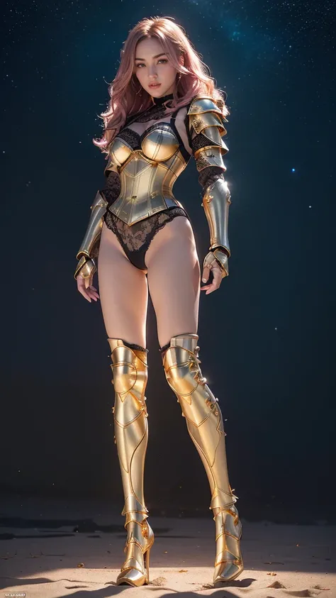 Masterpiece, best quality, awards winning photograph, 1girl, (black lace underwear:1.3), ((corset armor)), (black lace bra:1.3), extremely beautiful, fit body, full makeups, blue eyes, ((full legs armor:1.3)), ((gold legs armor:1.3)), ((full hands armor:1....