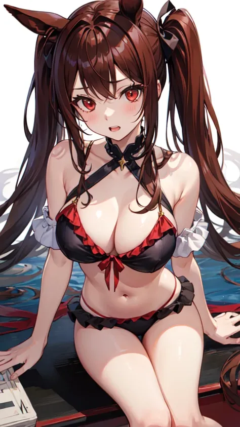 Daiwa Scarlet, Brown Hair, White Background, Swimwear, tooth, Animal ears, Hair Intake, very Long Hair, Long Hair, One girl, Twin tails, alone, View your viewers, Large Breasts, Horse Girl, Red eyes, bikini, Sitting, Horse&#39;s ears, blush, Cleavage, clav...