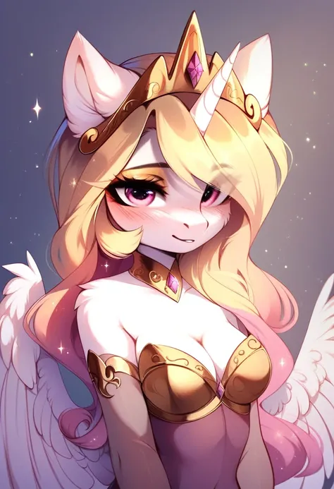 check_9, check_8_up, check_7_up, source_fluffy, rating_safe, from Magnaluna, Celestia poses seductively in a white bedroom, red & gold mane, pink eyes, white body, anthro, blushing, 