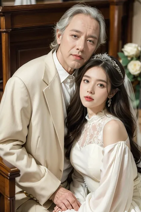 (((best quality))),(((ultra detailed))),(((masterpiece))),illustration,(((1old man and 1girl))), elderly bridegroom, beautiful young bride, white wedding gown, church, majestic altar, rows of wooden pews, traditional tuxedo, white shirt, tailored suit jack...