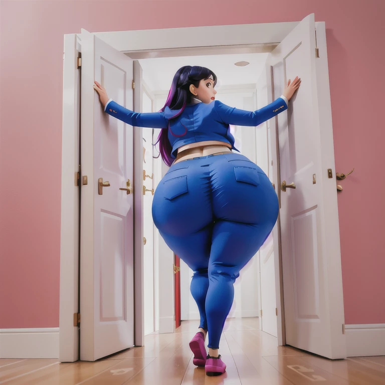 masterpiece, 1girl behind a doorway, from behind, (doorstuck, stuckbehind:1.3), huge hips, round belly, thick thighs, giant butt,colorful clothing, wearing a blue suit and tie and formal pants, upset, desperately trying to wiggle through, she tries to free...