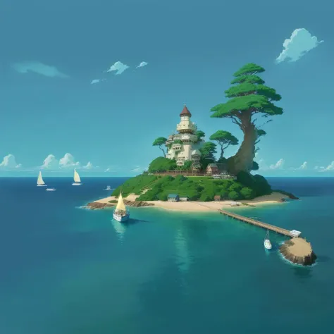 painting of a small island with a lookout and a boat, studio ghibli environment, studio ghibli smooth concept art, Ghibli Studio Landscape, not style of hayao miyazaki, studio ghibli composition, Painting Studio Ghibli, in style of studio ghibli, studio gh...