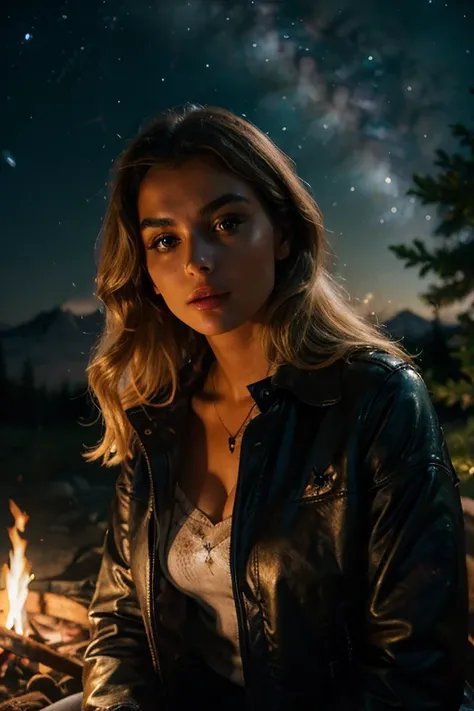 work of art, best qualityer, extremely detaild, hyper realist, photorrealistic, a beautiful French model from the 20s, in the night:1.2, warm toned, warm toned, Navy Jacket:1.2, t - shirt, with stars and trails of the Milky Way:1.1, sitting by the campfire...