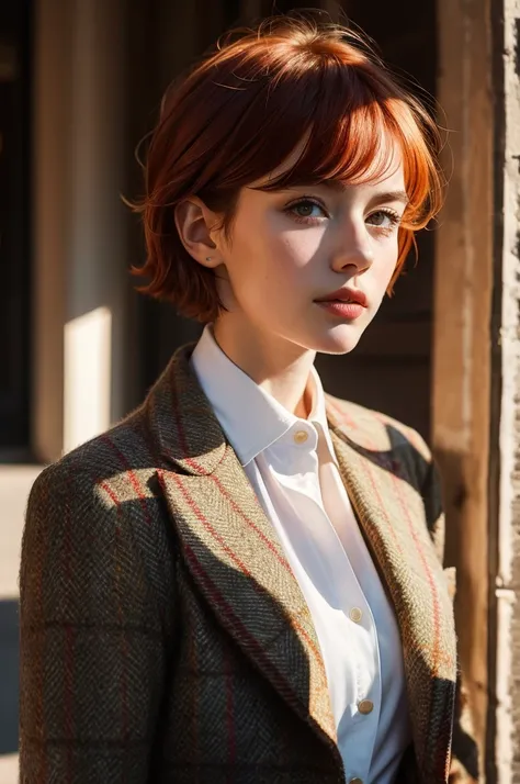 Instagram Photos, French woman, 21 years old, square hair cut,Redhead, Tweed jacket, Neckline, pale, Sharp Shadow