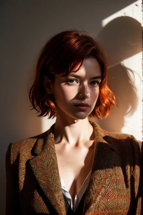 Instagram Photos, French woman, 21 years old, square hair cut,Redhead, Tweed jacket, Neckline, pale, Sharp Shadow