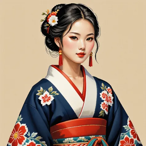 cross stitch pattern, japanese woman in folk outfit
