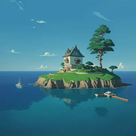 painting of a small island with a lookout and a boat, enviroment, conceptual artwork suave, Ghibli Studio Landscape, not style of hayao miyazaki, composition, painting-like, in style of studio ghibli, conceptual artwork, Ghibli Film Studio still, pictorial...