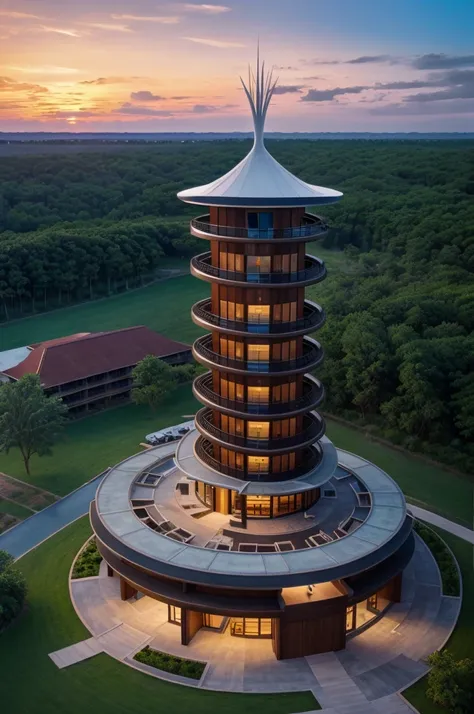 Resort with Zaha Hadid style tower with wood and metal texture, hotel with infinity pool, a twilight with sunset on the farm in high quality, cattle farm, 8k UHD