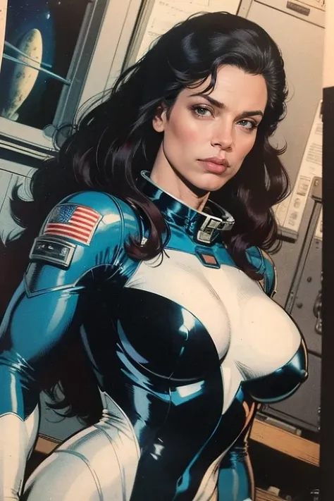 (masterpiece), best quality, bersek, french face, (upper body), courageous woman with shoulder length hair, intricate spacesuit, (perky breasts), (dutch angle), warm palette, (👩‍🚀), space station,comics