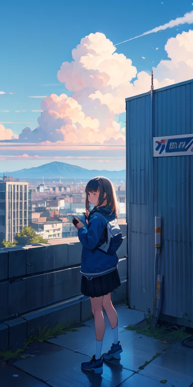 (work of art:1.2),best qualityer,extremely detaild,high resolution,4K,illustration,CG game,(1 girl:2),blue theme, blue sky,nube,citys,horizont,blue sky,cumulonimbus nube,camera flash,  