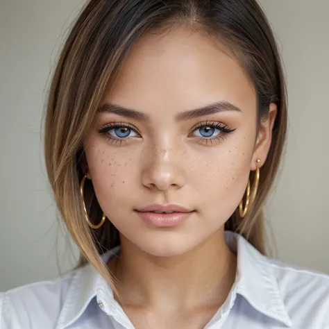 A young 19-year-old woman named Lila Nakamura with a Northern European heritage. She has thick dark black eyeliner, glossy lips, and a cute, endearing expression. She has straight, blonde hair that falls just past her shoulders, styled in a neat and polish...