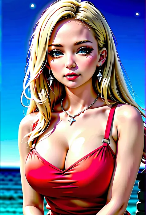 1 girl, fair_skin, blue_eyes, white long hair, wearing a red summer dress, night with stars on the sky, looking at viewer, lower angle, wearing a black choker around her neck, wearing diamond earrings, soft skin, beautiful eyelashes, realistic background, ...