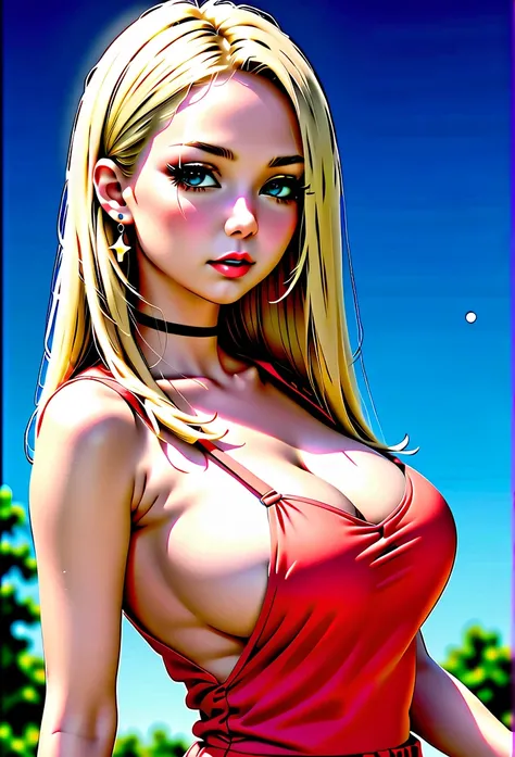 1 girl, fair_skin, blue_eyes, white long hair, wearing a red summer dress, night with stars on the sky, looking at viewer, lower angle, wearing a black choker around her neck, wearing diamond earrings, soft skin, beautiful eyelashes, realistic background, ...