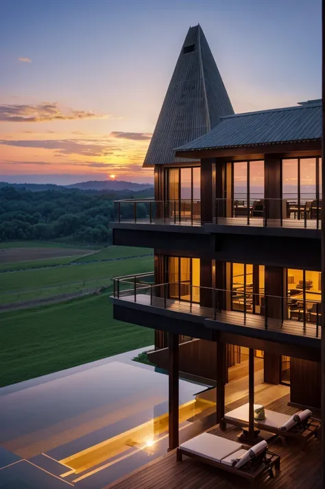 Resort with Zaha Hadid style tower with wood and metal texture, hotel with infinity pool, a twilight with sunset on the farm in high quality, cattle farm, 8k UHD