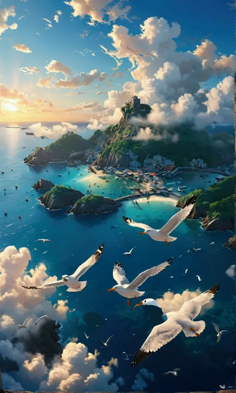 Master Parts, Bird&#39;s Eye View, Highest quality, Movie stills, 1 tour , Seagull, Below is the blue sea and islands., Scrap delivery service, Miyazaki anime films, Ghibli anime, Clouds in the sky, blue sky, close, bright, Happy, Soft lighting and warmth,...