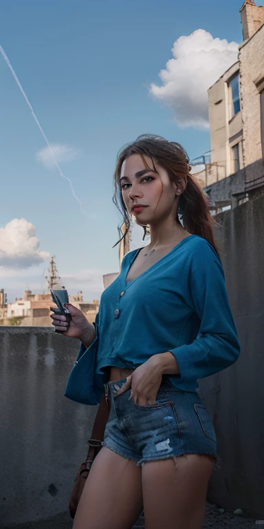 (work of art:1.2),best qualityer,extremely detaild,high resolution,4K,illustration,CG game,(1 girl:2),blue theme, blue sky,nube,citys,horizont,blue sky,cumulonimbus nube,camera flash,  