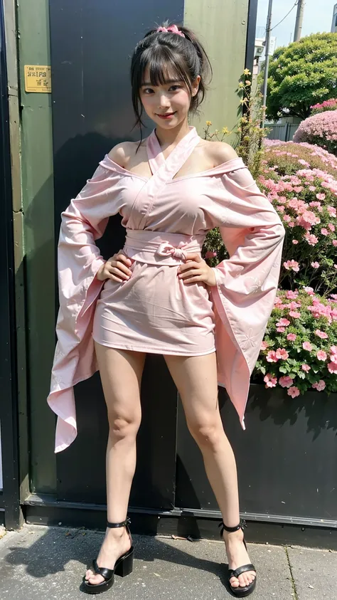 (8K、RAW Photos、Highest quality、masterpiece:1.2)、(Highest quality、Realistic)、1 Girl、((ribbon、Pink and black、smile、Long-sleeved kimono、See-through、ponytail、Off the shoulder、Breast enlargement、Short kimono、Floral、mini skirt、Thin legs、whole body、Sandals、garden...