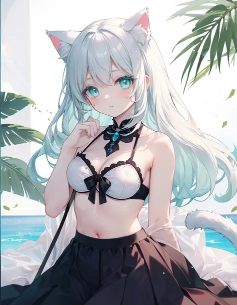 white hair, bikini and skirt, ((masterpiece, best quality:1.5)), ((Beautiful detailed cat aqua eyes:1.2)), cat ears, pale skin, medium breasts, beautiful hands, beautiful fingers, EasyNegative