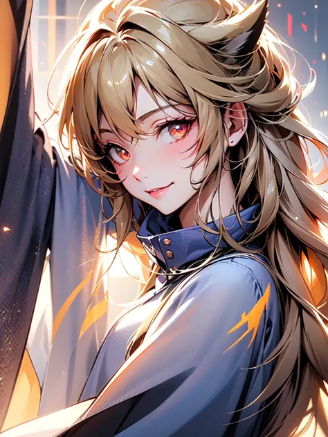 hair over shoulder, wavy hair, hair strand, shiny hair, blonde hair, eye reflection, glowing eyes, slit pupils, amber eyes, cat ears, smile, blush, glint, happy, anime, anime style, En plein air, high detail, cinematic lighting, ray tracing, reflection lig...