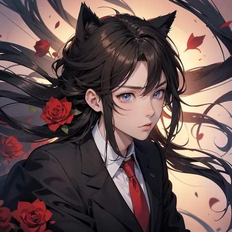 Create a close-up profile picture of an anime boy with cat ears. He should have brown hair and be dressed in a black shirt, a black blazer, and a red tie. The background should be filled with red roses.