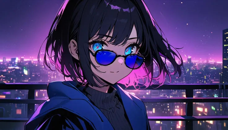 1girl, solo, blue eyes, (detailed eyes), flat chest, blue eyes, (detailed eyes), short hair, black hair,  Wallpaper pictures of cool girls : Beautiful modern girl in a blue coat Wear sunglasses Behind is the cityscape in the evening. There are twinkling li...