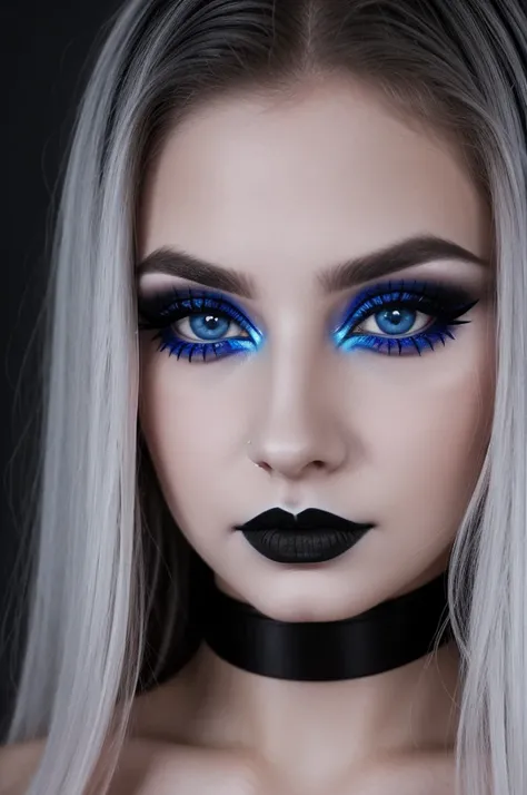 Steel blue eyes, White skinned, lips with black lipstick, 22-year-old young girl with light make-up under black eyes 